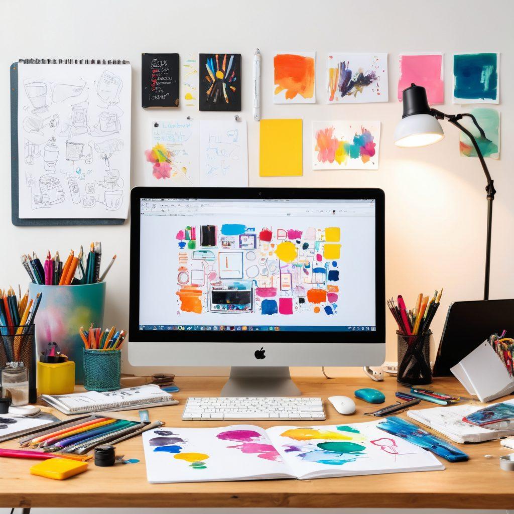 A colorful workspace filled with vibrant tools like a laptop, sketchpads, and creative apps displayed on screens, bursting with a sense of inspiration and productivity. Include a light bulb and paint splashes in the background to symbolize ideas and creativity. The ambiance should feel inviting and motivational, encouraging bloggers to explore. super-realistic. vibrant colors. white background.