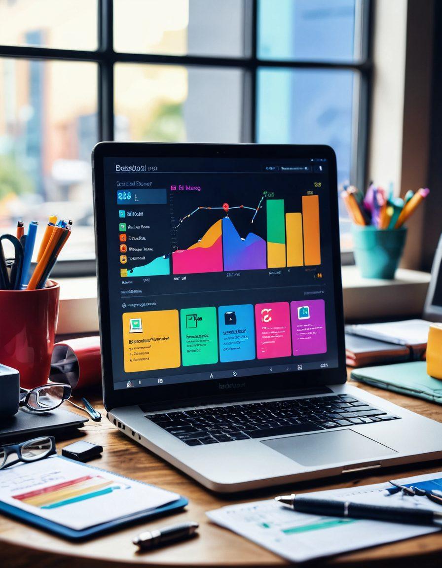 A creative workspace featuring a vibrant laptop displaying a blog dashboard, surrounded by tools like notebooks, colorful pens, and a smartphone with social media icons. Include subtle elements representing SEO and analytics, such as charts and graphs in the background. The atmosphere should be lively and inspiring, evoking a sense of productivity and creativity. 3D. vibrant colors.