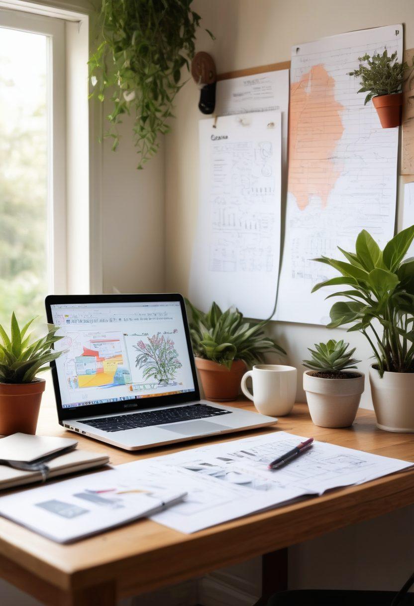 An inspiring workspace showcasing a laptop open to a vibrant design interface, with scattered sketch papers and marketing charts around it. A bright light bulb symbolizes creative ideas, and a coffee mug sits beside it representing motivation. Soft plants in the background add a touch of nature to the scene, symbolizing growth. The overall atmosphere is dynamic and energetic to reflect blogging potential. super-realistic. vibrant colors. cozy atmosphere.
